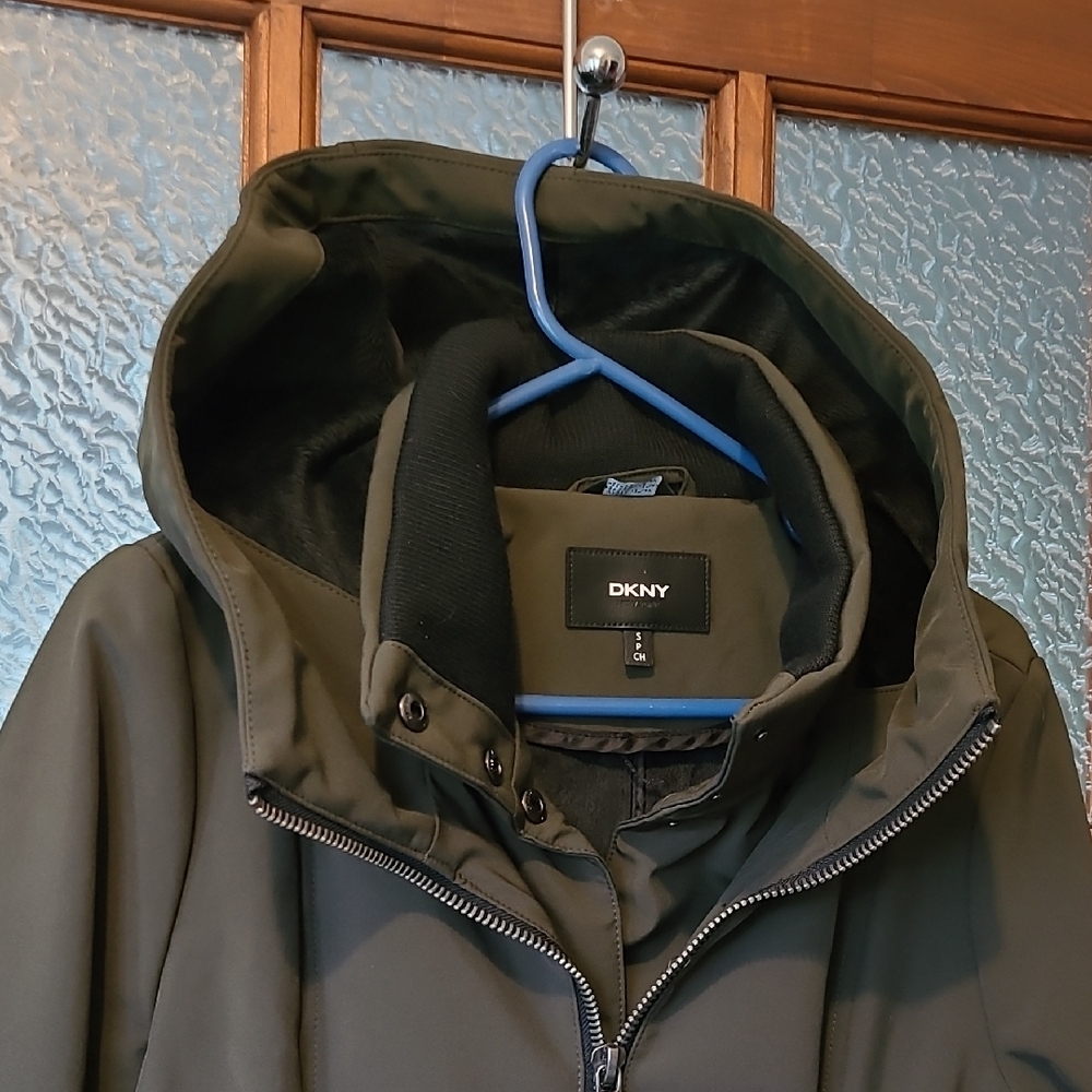 DKNY Women Olive Outerwear Softshell Hooded Long Jacket Velboa Lined Size Small - Picture 5 of 15